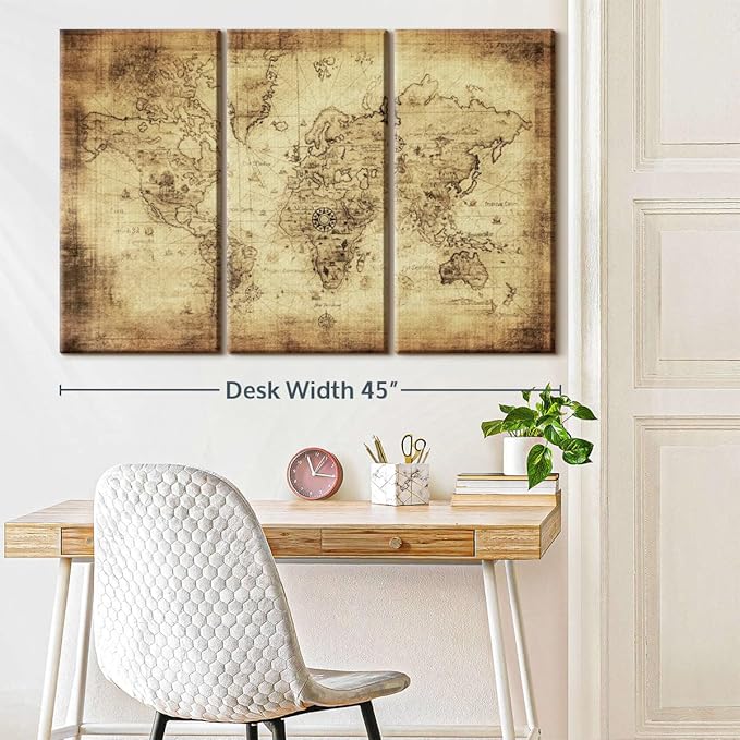 ElephantStock Ancient World Map Wall Art Multi Piece Canvas - 3 Piece Canvas World Map Wall Decor - Wall Decor - Ready-to-Hang Print - Vintage Wall Art - 45" X 28"