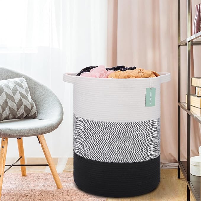 BOSROTY Large Laundry Hamper for Girls Boys Kids 72L, Nursery Hamper, Tall Laundry Basket, Cotton Rope Woven Blanket Basket for Storage Toys Clothes Towels, 16”x 22”, White & Gray & Black