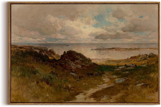 OIQArtOIQ Framed Vintage Landscape Wall Art Coast Natural Scenery Oil Painting Canvas Prints Country Farmhouse Aesthetic Decor Fall Pictures for Kitchen Bedroom Living Room Bathroom