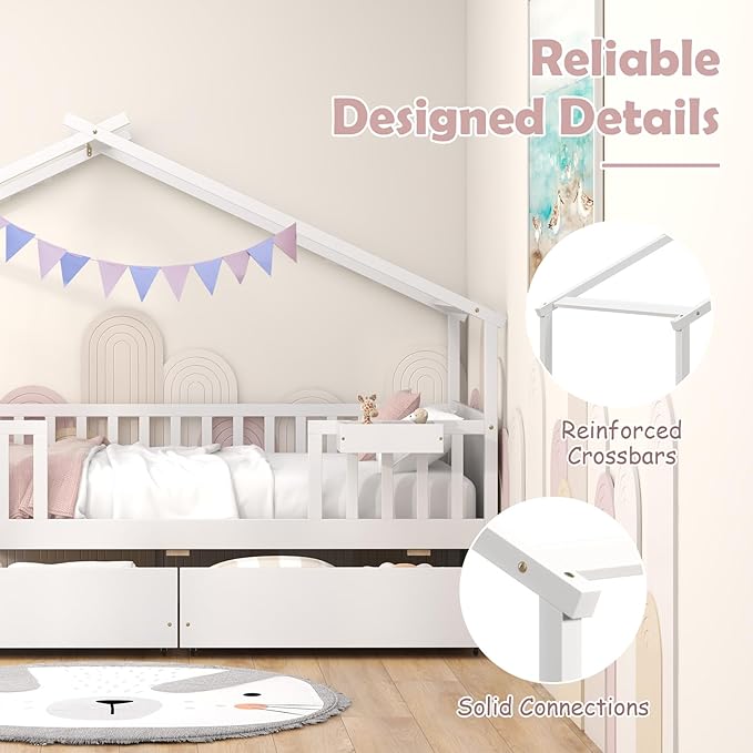 Giantex Twin House Bed with Drawers, Wooden Twin Bed Frame with Cube Storage & Fence Rails, Montessori Beds for Kids Boys, Girls, Bedroom, Living Room, No Box Spring Needed, White