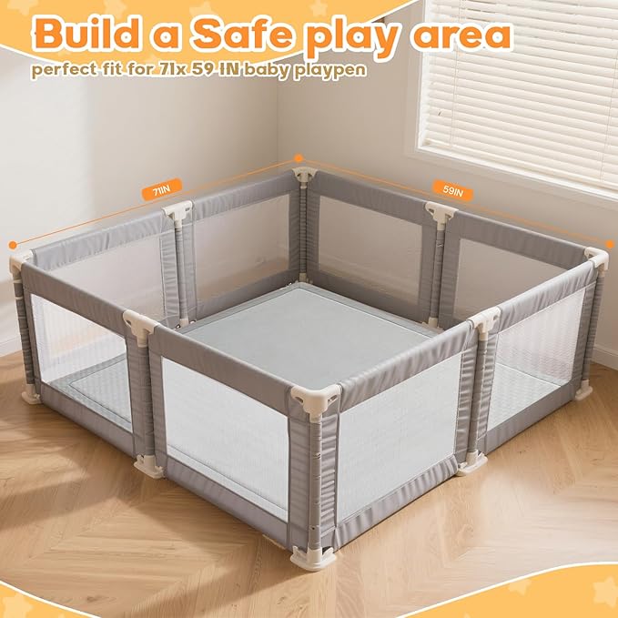 Baby Play Mat for Floor, 71'' x 59'' Thicken Foam Soft Padded Playmat for Tummy Time, Playpen Mat for Toddlers, Water-Repellent Coral Velvet, Non-slip Bottom Safe for Crawling (Light Grey)