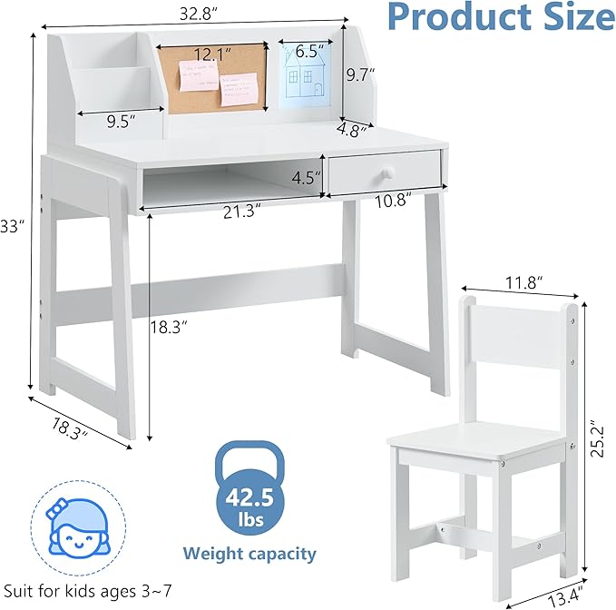 Kids Study Desk and Chair Set, Student Table and Chair Set with Storage Shelf, Wooden Kids Desk with Hutch, Children Writing Table for Home School