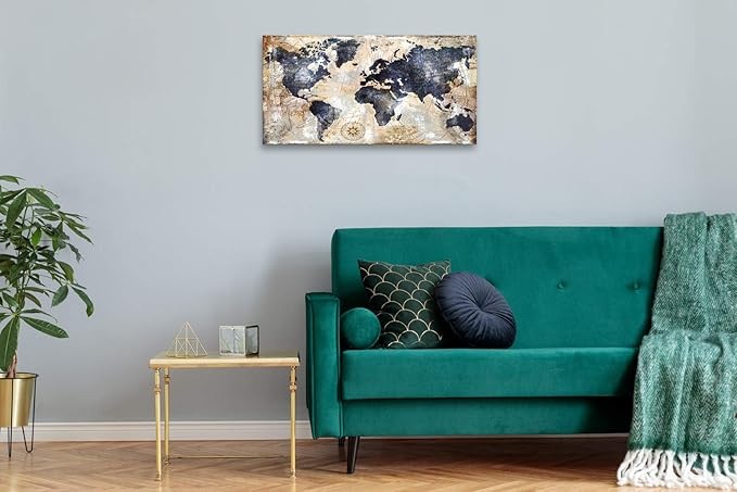 Vintage World Map Wall Art for Office World Map Poster Canvas Prints with Your Photos Nautical Decor Modern Framed Art Map of The World Wall Decor for Living Room Travel Memory Home Decor