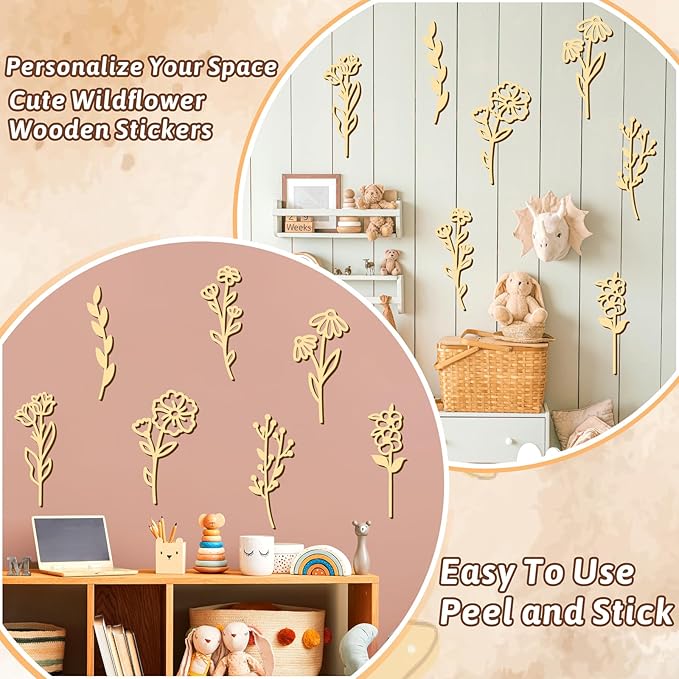 7 PCS Large Wooden Wildflowers Signs Decals DIY Colorable Wood Flowers Sign for Crafts Baby Nursery Stick Peel and Stick Boho Flower Art Cutout for Girls Bedroom Floral Sticker Gift for Kids Playroom