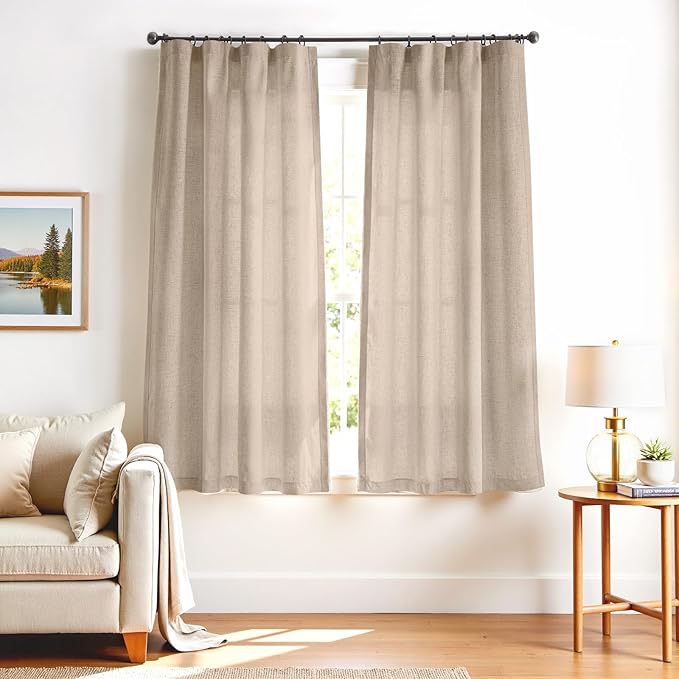jinchan Taupe Linen Blend Curtains 72 inch Length 2 Panels for Bedroom Living Room, Light Filtering 50 inch Wide Farmhouse Drapes with Rod Pocket Back Tab(50W x 72L, Taupe)