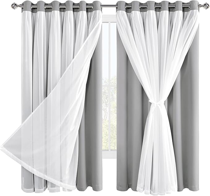 Hiasan Blackout Curtains with Sheer Overlay, Thermal Insulated Privacy Double Layer Mix & Match Window Curtains for Bedroom, Living Room, Dining 2 Drape Panels with Tiebacks, Silver Grey, 70W X 63L
