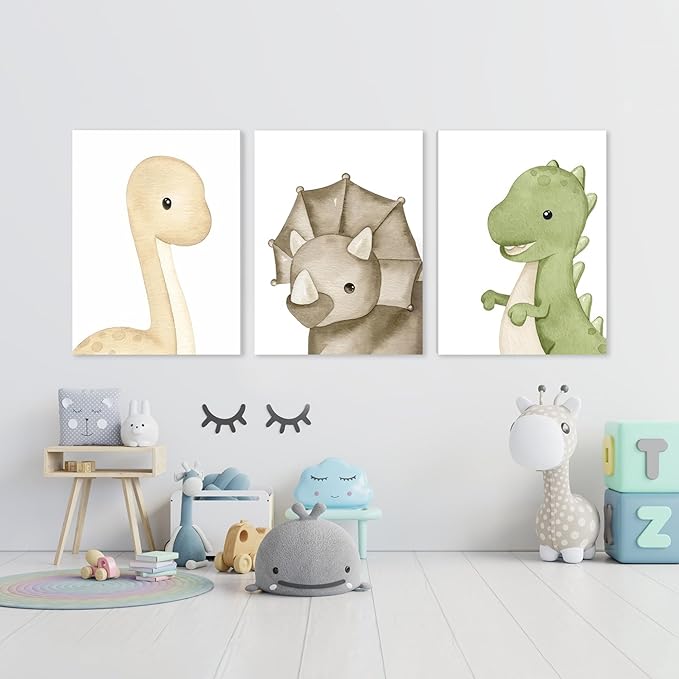 arfitest Dinosaur Wall Art Kids Boys Room Canvas Wall Decor Dino Nursery Wall Art Pictures Baby Dinosaur Poster Prints for Boys Bedroom Bathroom 12x16 Inch Framed Set of 3