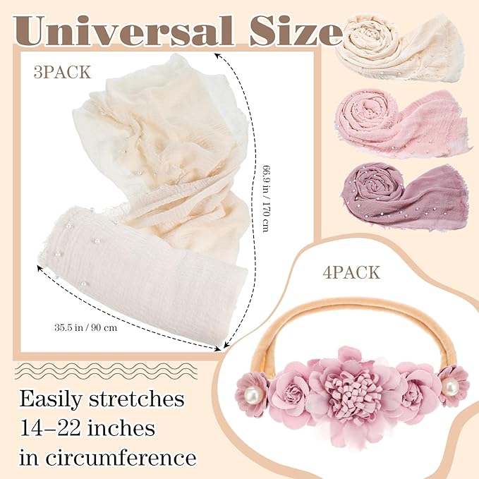 Buryeah 7 Pcs Baby Photoshoot Props Wrap Kit Includes 3 Pcs 66.9 x 35.4'' Newborn Photography Props 4 Pcs Baby Flower Headband Photo Supplies for Boy Girl Infant Toddler