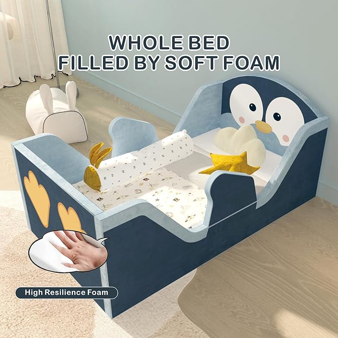 Toddler Beds, Child Bed for Kids with Extra Safty Broad, Standard Crib Size Animal Toddler Bed, Certified Fabric Toddler Beds,Toddler Floor Beds (Penuins)