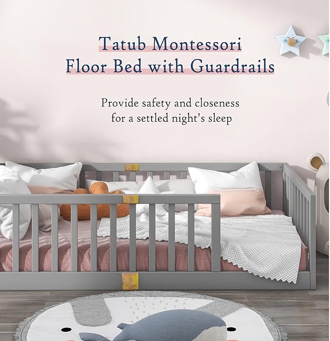 Tatub Twin Montessori Floor Bed with High Rails, Solid Wood Montessori Bed Frame for Kids, Entry Can Install Left and Right, Twin-Grey