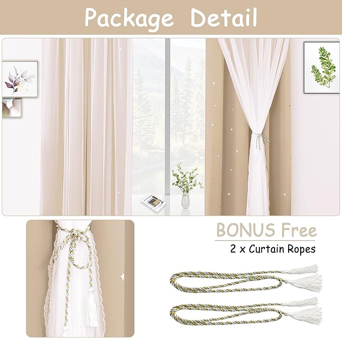 Kinryb Kids Blackout Curtains for Bedroom/Living Room/Classroom, Sheer Overlay 84 Inches 2 Panel Set, Double Layer Curtains with Star Cutout for Kids Room(W 52 x L 84 Inches,Beige 2 Pcs)