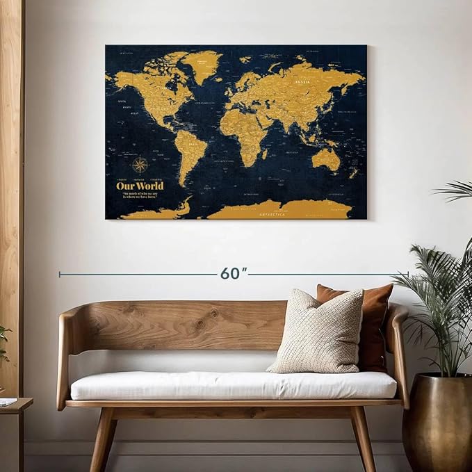 ElephantStock - Personalized Push Pin World Map - Gold Wall Art - Horizontal Canvas Wall Art - Living Room Wall Decor - Digital Art Map Canvas Art - Orange And Blue Decor - 45" x 30"