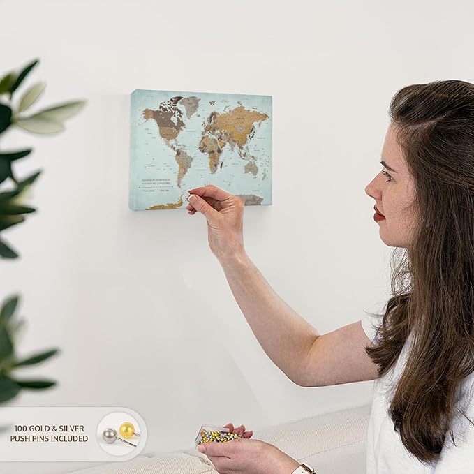 ElephantStock - A Thousand Miles World Push Pin Map Wall Art - Horizontal Canvas Wall Art - Living Room Wall Decor - Printmaking Map Canvas Art - Blue And Brown Decor - 12" x 8"