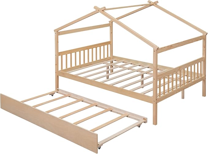Merax Full Size Wooden House Bed with Trundle, Wood Bed Frame with Roof for Kids, Teens, Boys or Girls, Natural