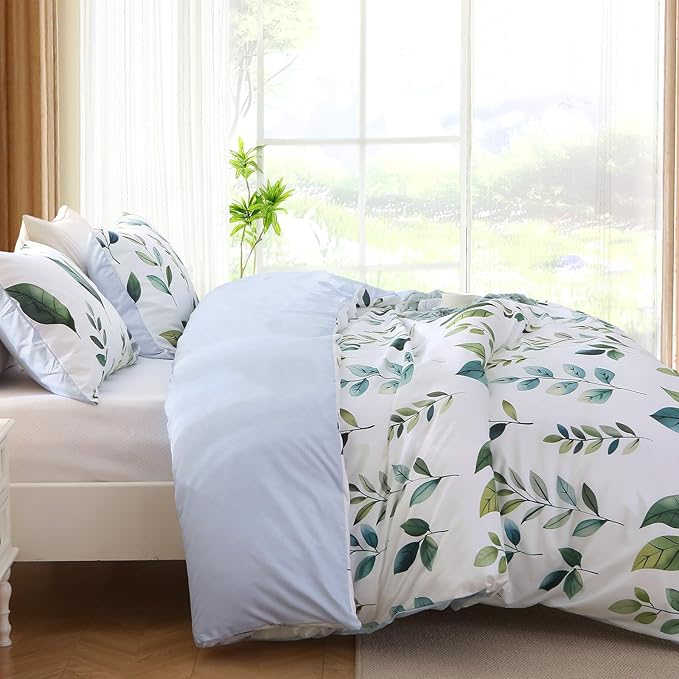 MUXHOMO Duvet Cover Queen Size, Reversible Floral Vintage Duvet Cover Set with Zipper Closure, 3 Pieces Botanical Patterns Soft Microfiber Bedding Set (90"x90", 2 Pillow Cases, Green Foliage White)