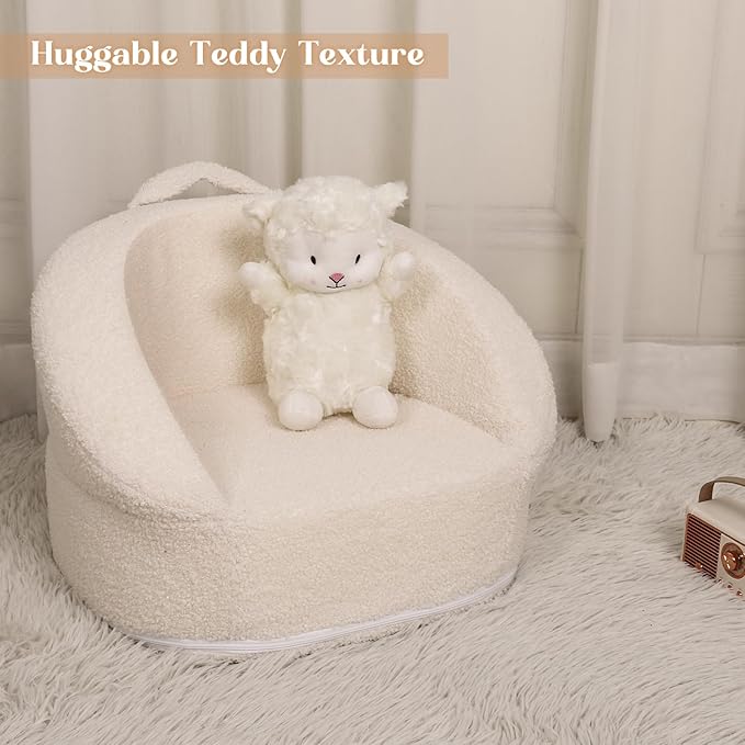 Mini Plush Teddy Bear Kids Sofa Chair - 17.3'' Compact Portable Toddler Chair with Carry Handle, Washable Cover, Safe Sturdy Design - Suitable for Boys and Girls - White