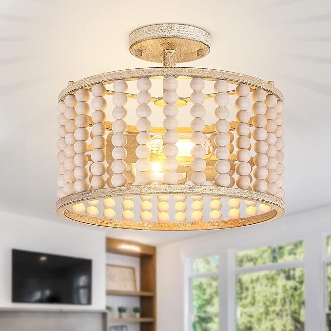 Wood Beaded Chandelier - Farmhouse Boho Light Fixture, Rustic Semi Flush Mount Ceiling Light, Oak 2 Lights Nursery Light Fixture for Hallway Foyer Bedroom Kitchen Island Living Room, E26 Base