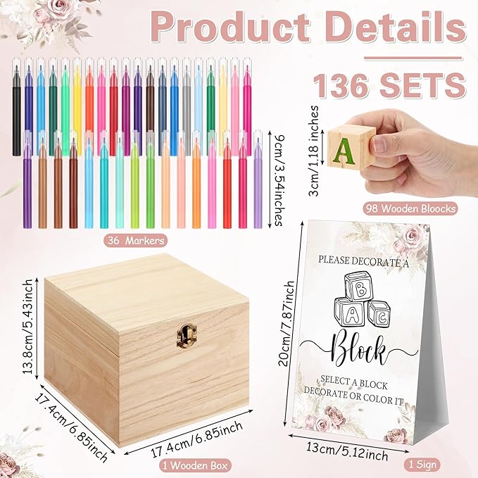 Marsui 136 Pcs Baby Shower Blocks to Decorate Game Kit Includes 98 Wooden Blocks, 36 Markers, 1 Game Sign, 1 Storage Box for Baby Shower Gender Reveal Activity Party Decorations(Floral)