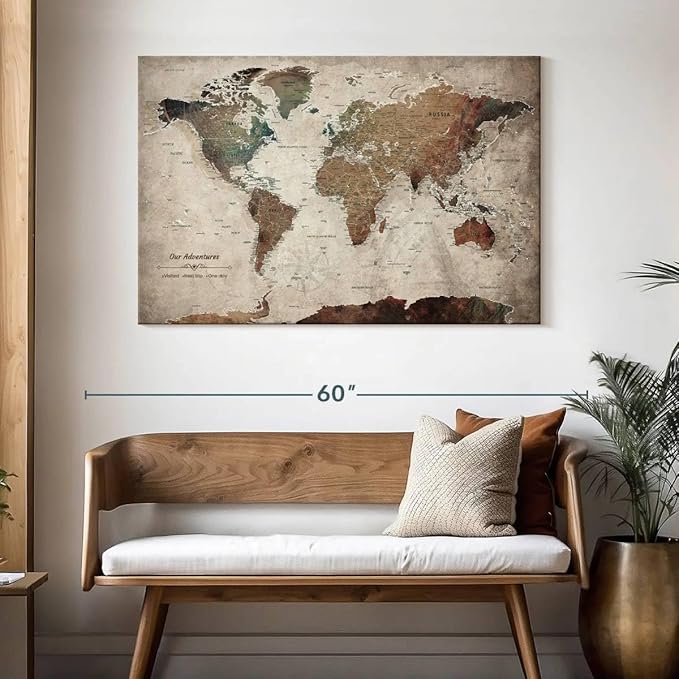 ElephantStock - Our Adventures World Map With Push Pin Iii Wall Art - Horizontal Canvas Wall Art - Living Room Wall Decor - Printmaking Map Canvas Art - Beige And Brown Decor - 48" x 32"