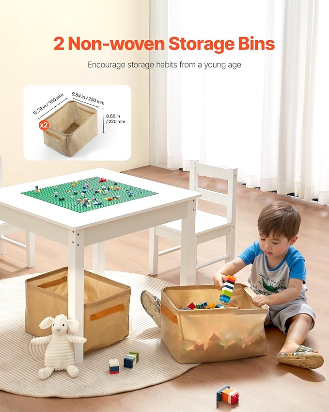 VEVOR Kids Activity Table and 2 Chairs Set, Building Blocks Double-Sided Tabletop, Toddler Table and Chair Set with Storage for Kids 3+ Years, Large Storage Space, Present for Boys & Girls, White