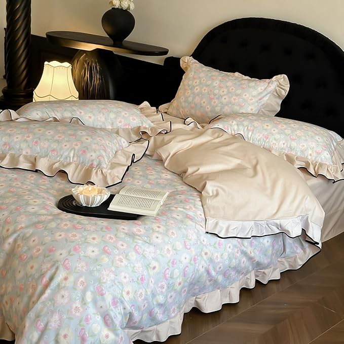 HighBuy Cottagecore Floral Ruffle Duvet Cover Queen for Teen Girls,Coquette Bedding Ruffle Duvet Cover Set Shabby Chic Brushed Cotton Bedding Set Breathable Durable Luxury with Zipper