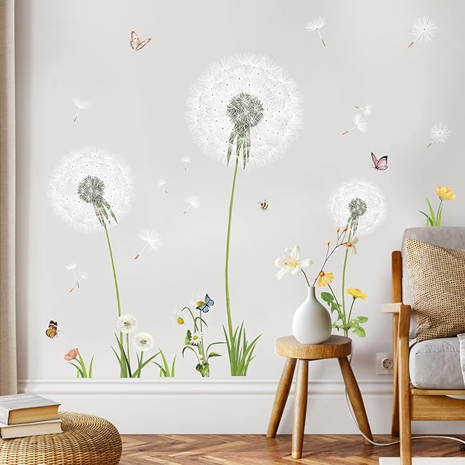SHUCHING Large Dandelion Wall Decals Peel and Stick, Vinyl Flower Wall Sticker, Wall Decor Art Home Decoration for Living Room Bedroom Office