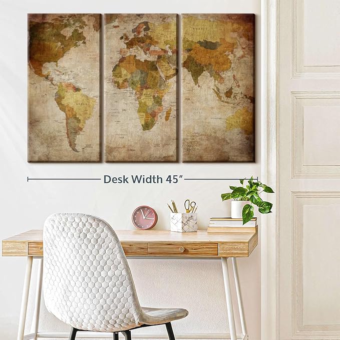 ElephantStock World Map Multi Piece Canvas - 3 Piece Canvas World Map Wall Decor - Wall Decor - Ready-to-Hang Print - Vintage Wall Art - 45" X 28"