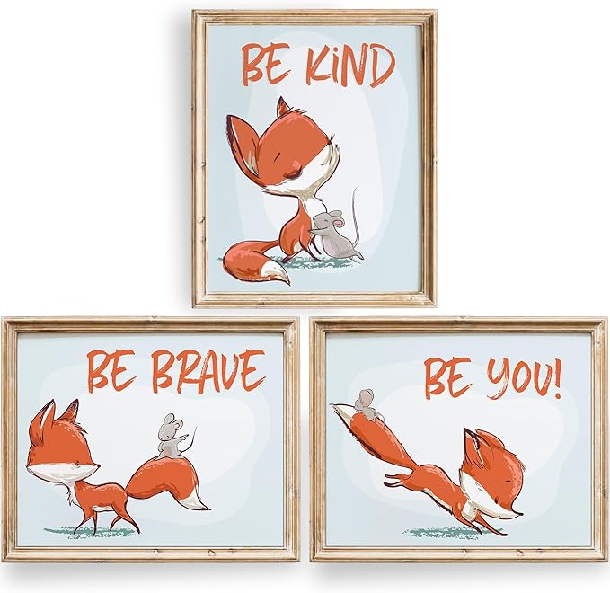 DREAM BIG PRINTABLES Fox Wall Art Prints (Set of 3) - Unframed - 8x10s | Woodland Nursery Decor - Inspirational Quotes for Boys and Girls Room - Be Kind, Be Brave, Be You - Kids Positive Affirmations