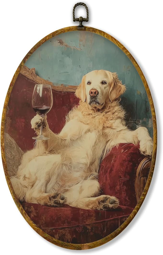 Hiuwevt Funny Golden Retriever Oval Wall Art Decor, Golden Retriever Gifts Framed Canvas Prints, Farmhouse Dog Drink Wine Oval Wall Hanging Decor for Home Bedroom Kitchen Decorations, 8.6x11.4 Inches