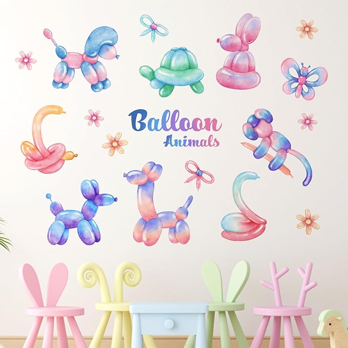 Yovkky Balloon Animals Wall Decals Stickers, Gradient Pastel Dog Rabbit Snake Turtle Toddler Baby Nursery Decor, Cute Butterfly Flowers Home Decorations Kids Bedroom Playroom Party Art