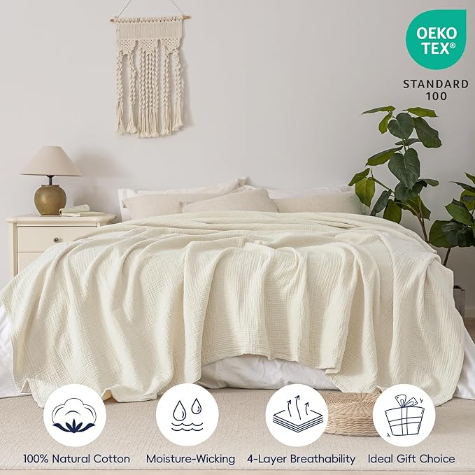 PHF 100% Cotton Muslin Blanket Queen Size 90"x90", 4-Layer Lightweight Gauze Throw, Breathable Cloud-Soft Minimalist Blanket for Bed, Couch, Camping & Baby, Birch, Ideal Gift