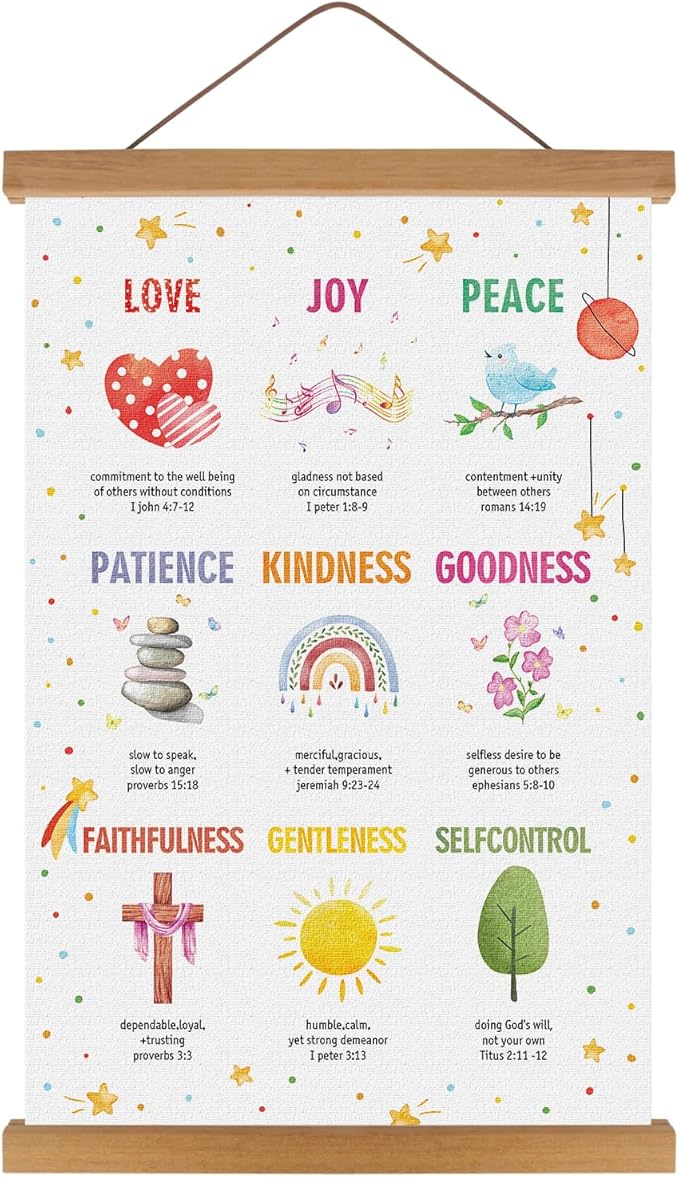 KAIRNE Bible Verse Poster With Wood Magnetic Hanger,Inspirational Hanging Decoration,Sunday School Motivational Wall Art(35X56CM) Rainbow Positive Canvas For Kids Bedroom Playroom Classroom Decor