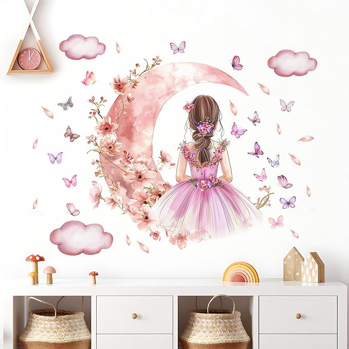 2 Sheets Pink Butterfly Girl Wall Decal - Removable DIY Moon Cloud Wall Decal Vinyl Pink Flower Princess Room Art for Girls Baby Nursery Bedroom Living Room Bathroom Classroom Decoration