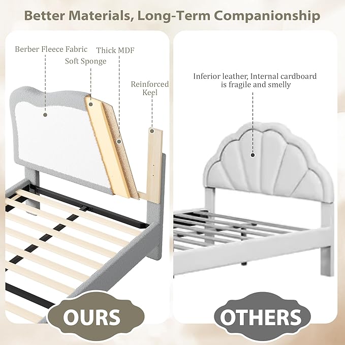 GarveeHome Upholstered Twin Bed Frame for Kids with Scallop Headboard, Cute Velvet Twin Bed for Girls, Boys, Sturdy Platform Bed, No Box Spring Needed, Wooden Slats, Noise Free, Grey White