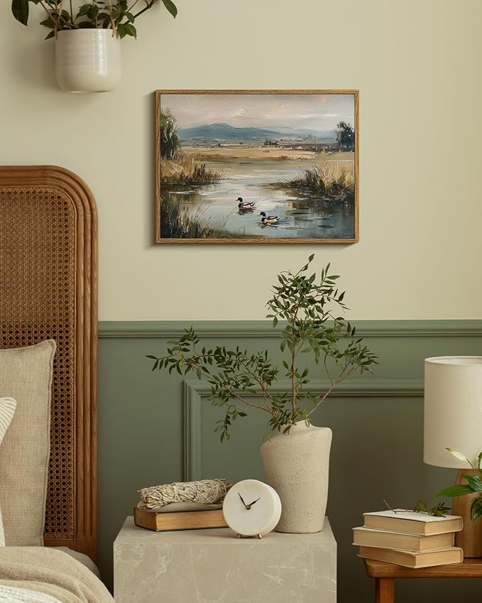 ARPEOTCY Vintage Framed Canvas Wall Art, 12x16inch, Farmhouse Mallard Duck Pond Wall Decor, Country Art Prints Home Decorations, Landscape Paintings for Living Room Bedroom Shelf Decor