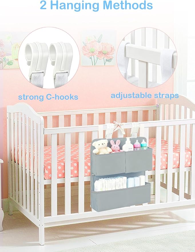 Hanging Diaper Organizer for Bassinet/Crib/Playpen/Playard – Hold 80+ Diapers - Changing Table Diaper Holder Attachment Accessories- Diaper Stacker Nursery Caddy Organizer - Grey