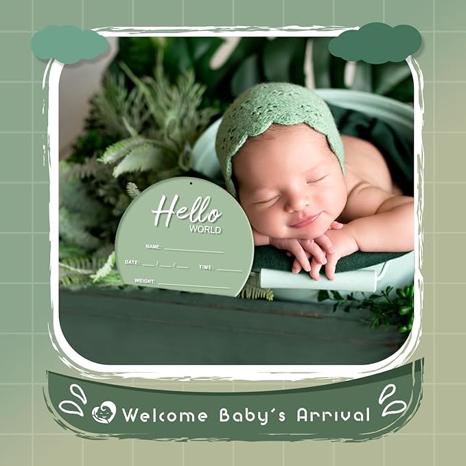Baby Announcement Sign, 6.7 Inch Hello World Newborn Sign, Thickness Upgrade Birth Announcement Sign for Hospital, Nursery Baby Shower (Green)