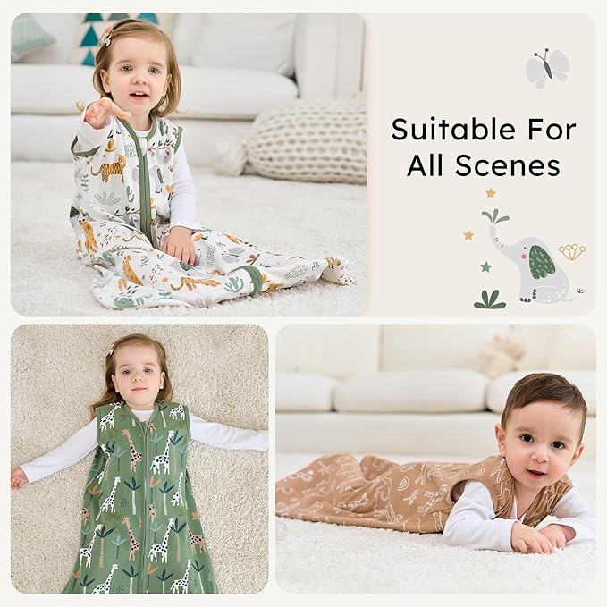Baby Sleep Sack 12-18 months, 100% Cotton Sleeping Sack for Newborn and Infant, 3 Pack Baby Wearable Blanket for Boy and Girl, 0.5 Tog Lightweight Double Zipper Sleep Bag Green Brown Giraffe