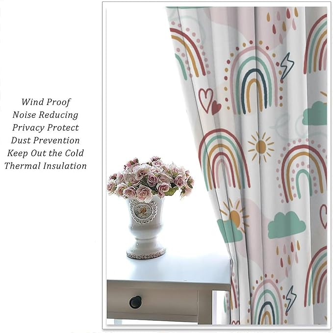 Kids Rainbow Curtains Boho Cartoon Colorful Stars Love Heart Lovely Abstract Art Pattern Print Window Drapes for Girl Bedroom Living Room Kitchen Decor,2 Panel Set,42Wx45H Inch Blackout