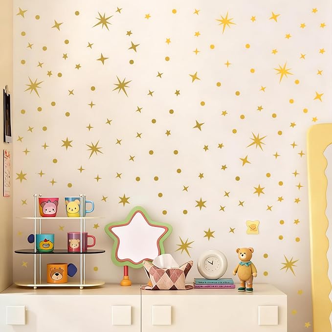Vintage Gold Star Wall Stickers, 5 Sheets 210 Pcs Decals with Stars & Dots, Peel and Stick Wall Art Sticker, Removable Vinyl Star Wall Decor for Bedroom, Nursery, Ceiling, Party Decorations