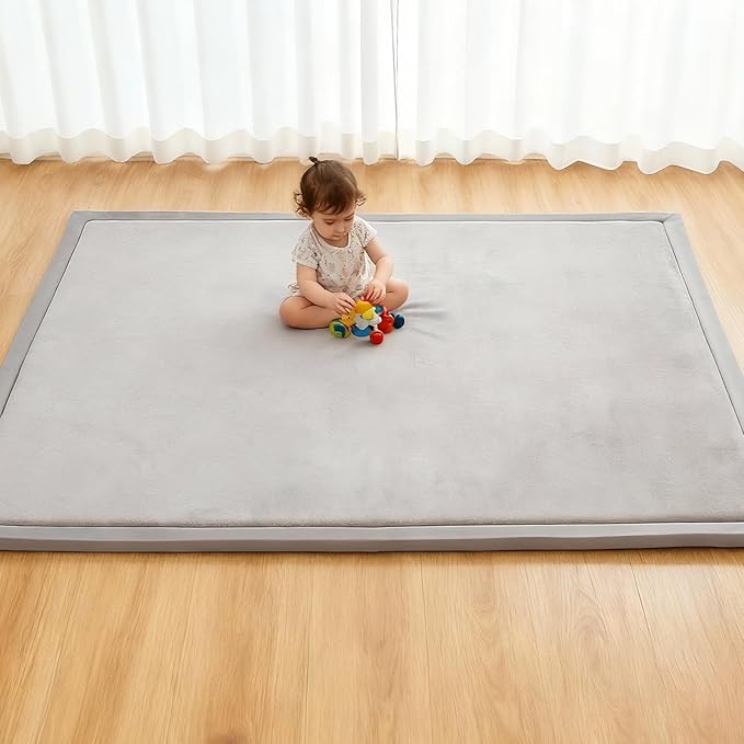 Baby Play Mat for Floor, 50'' x 50'' Thicken Foam Soft Padded Playmat for Tummy Time, Playpen Mat for Toddlers, Water-Repellent Coral Velvet, Non-slip Bottom Safe for Crawling (Light Grey)