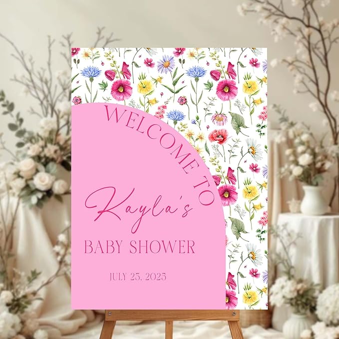 Personalized Half Floral Half Pink Baby Shower Welcome Sign for Girls - Wildflower Announcement Yard Sign - Unique Girl Baby Shower Entrance Decor