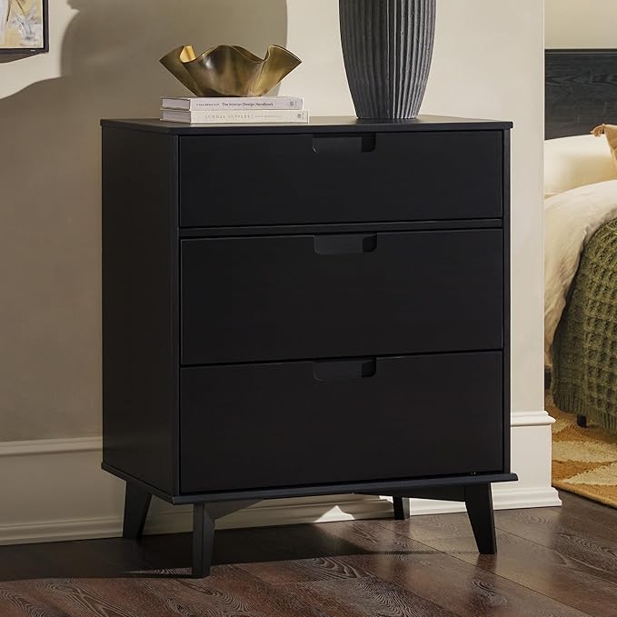Walker Edison Sloane 3-Drawer Groove Handle Solid Pine Wood Dresser, 36 Inch, Black