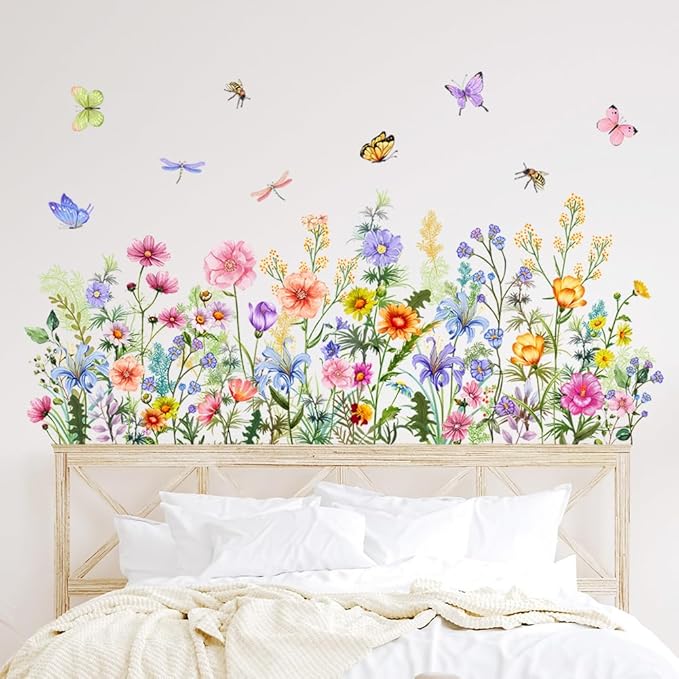 Colorful Floral Wall Decals Wildflowers Flower Wall Stickers Butterfly Green Plant Wall Mural Peel and Stick Flowers Wall Decor DIY Removable Wall Art for Girls Bedroom Nursery