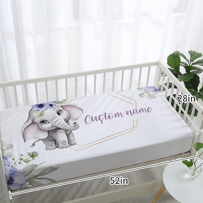 Custom Baby Crib Bedding Set - Purple Flower Elephant Design Personalized Name Baby Nursery Bedding 3 Pcs Set - Chic Soft Blanket, Fitted Sheet, Room Rug for Newborns Boys Girls Gifts