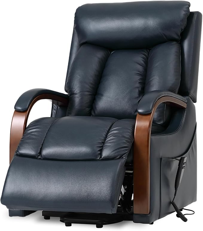 DYNOX Small Lift Chair Recliner with Heat and Massage, Dual Motor Power Lift Sofa for Elderly,Infinite Adjust for Back and Footrest,Side Pocket(9185,Genuine Leather,Blue