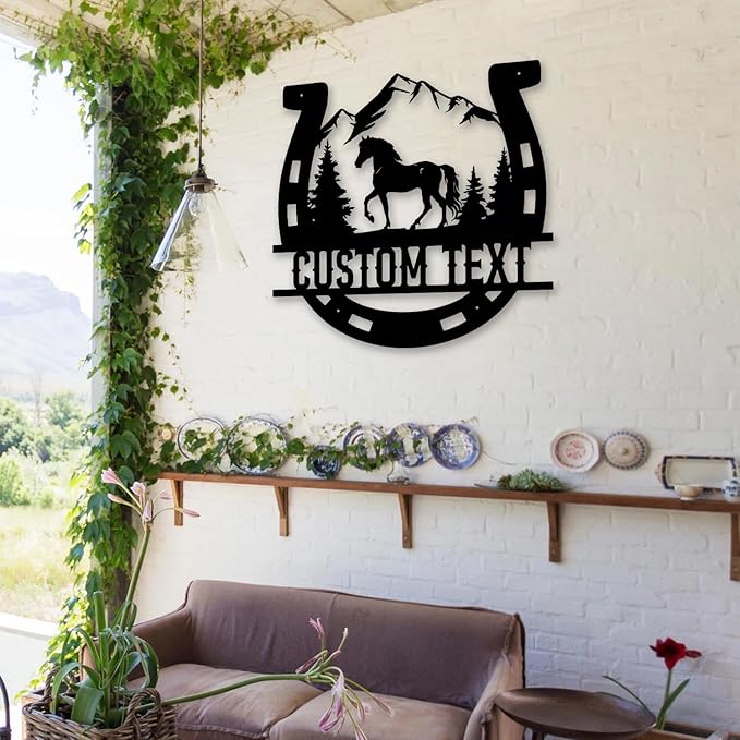 Personalized Horse Metal Sign with Horseshoe – Custom Name Rustic Farm & Home Decor, Black Wall Art