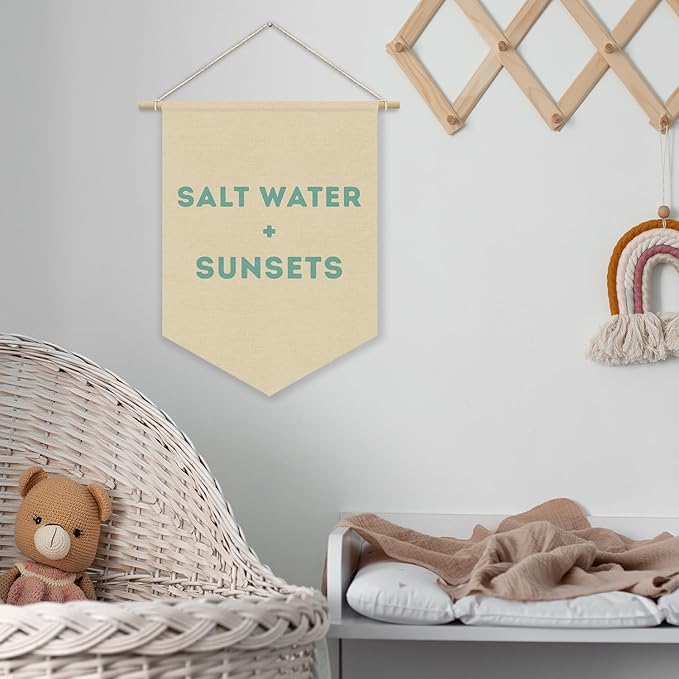 Ocean Nursery Decor, Salt Water Sunsets Beach Linen Canvas Banner, Neutral Coastal Nautical Nursery Wall Hanging Pennant Flag Banner for Kids Toddler Room Bedroom Playroom Decor, 15x11in
