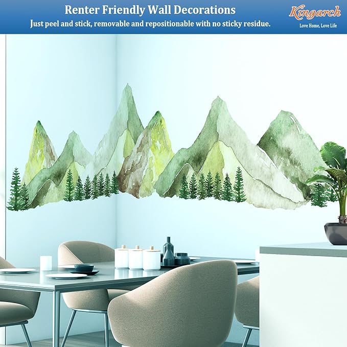 Large Mountain Wall Decals, Green Pine Tree Peel and Stick Vinyl Wall Stickers & Murals, Removable Home Room Wall Decor for Bedroom Living Room Bedroom Classroom Office Nursery