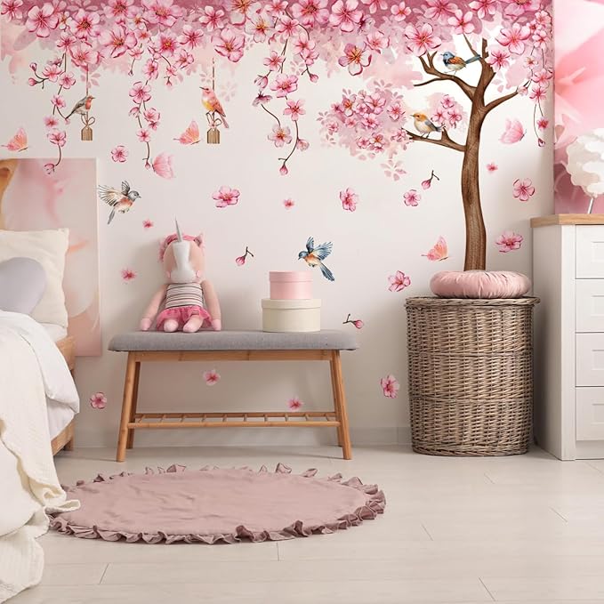 Pink Cherry Blossom Tree Wall Decals, Pink Floral Birds Butterflies Wall Stickers for Girls Bedroom Playroom Nursary, 59x35 inch